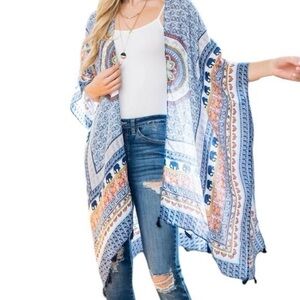 Soft Surroundings Boho Tassels Embellished Mixed Print Cardigan Kimono One Size